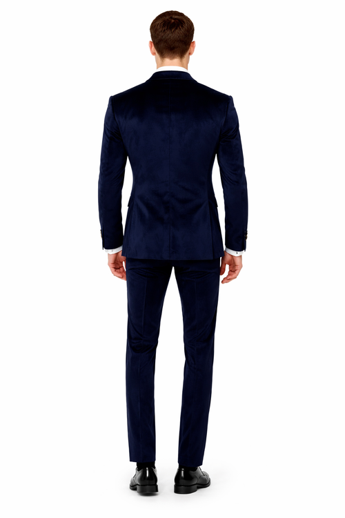 Navy Blue Velvet Double Breasted Suits - Velvet Pants - Slim Fit Suit
