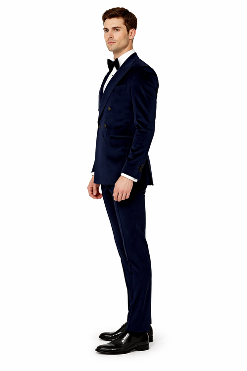 Navy Blue Velvet Double Breasted Suits - Velvet Pants - Slim Fit Suit