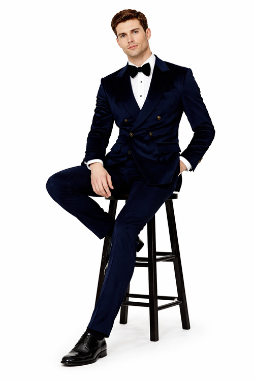 Navy Blue Velvet Double Breasted Suits - Velvet Pants - Slim Fit Suit