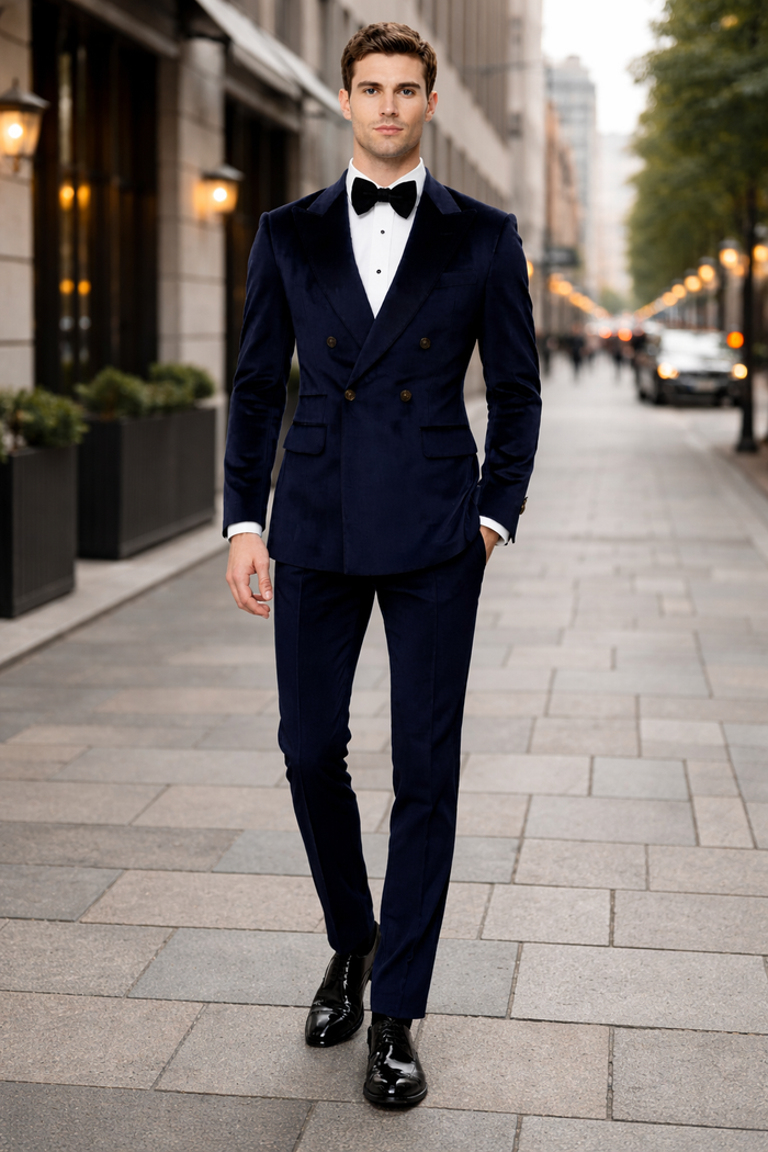 Navy Blue Velvet Double Breasted Suits - Velvet Pants - Slim Fit Suit