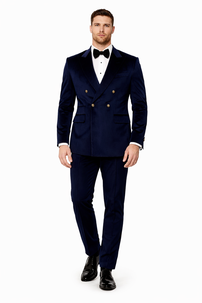 Navy Blue Velvet Double Breasted Suits - Velvet Pants - Slim Fit Suit