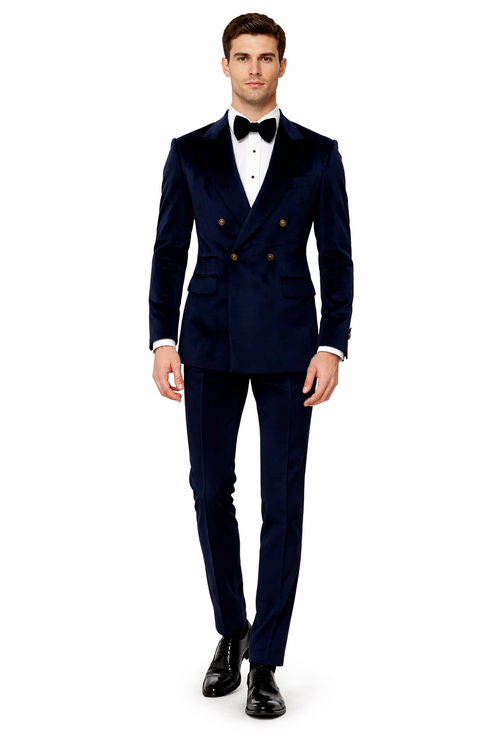 Navy Blue Velvet Double Breasted Suits - Velvet Pants - Slim Fit Suit