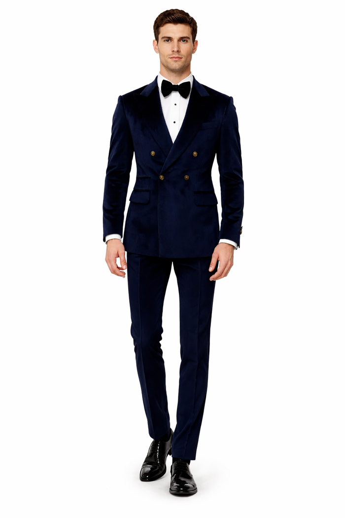 Navy Blue Velvet Double Breasted Suits - Velvet Pants - Slim Fit Suit