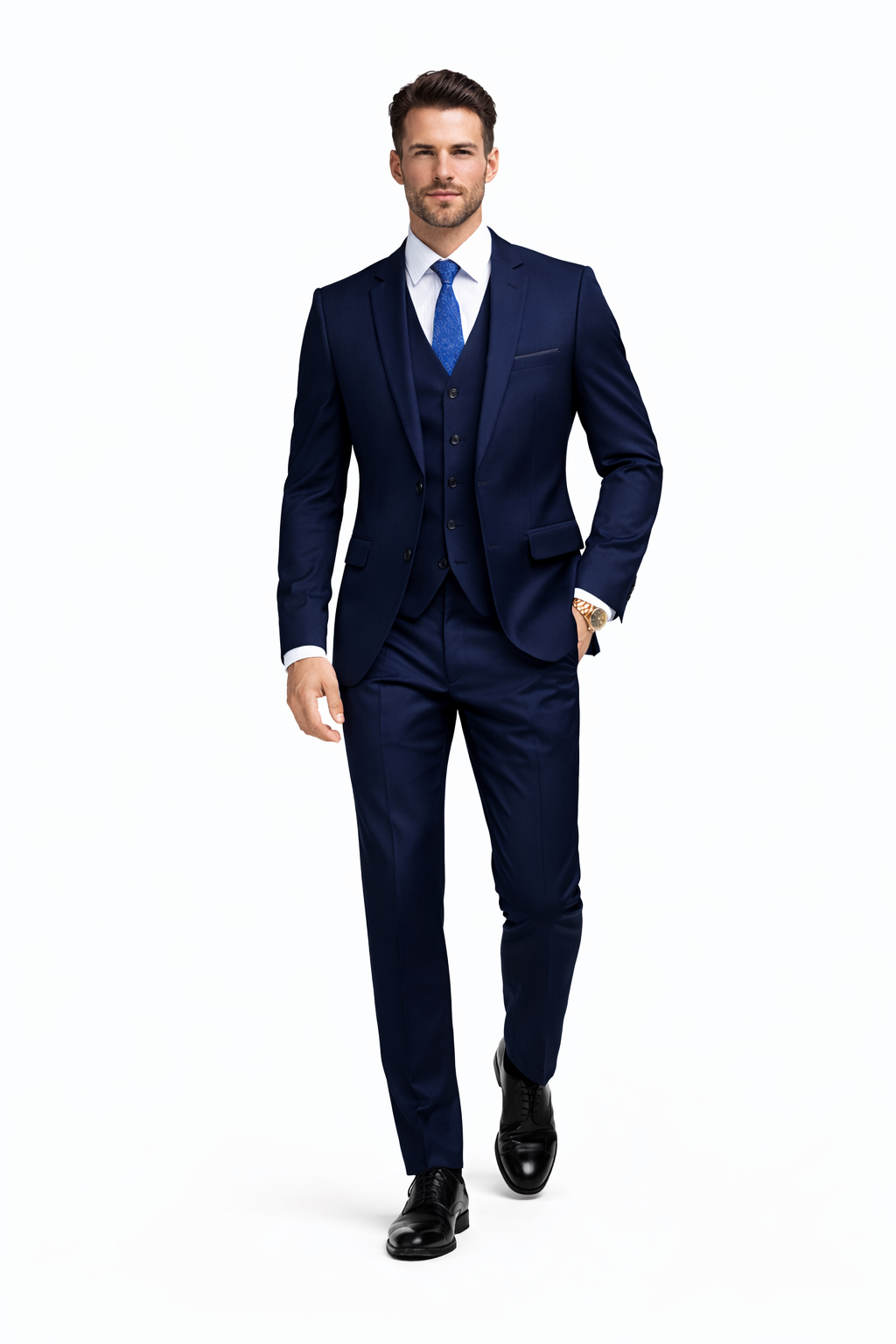 Mens 2 Button Skinny Vested Wool Navy Blue  Suit
