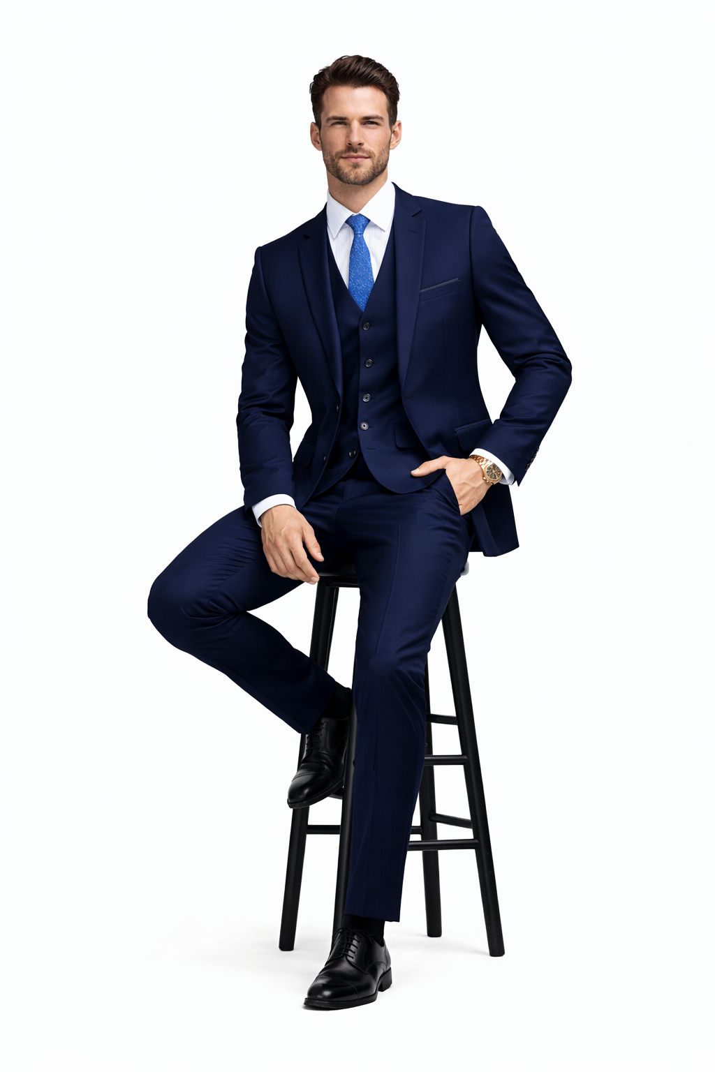 Mens 2 Button Skinny Vested Wool Navy Blue  Suit