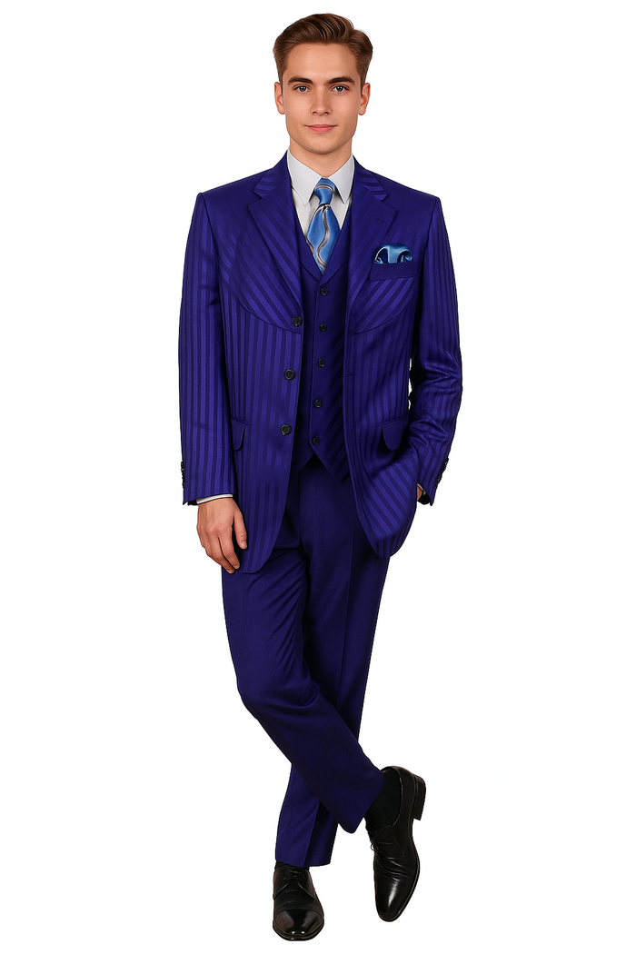 "Navy Blue Men's Shiny Tonal Stripe Fashion Suit - 4 Button Semi Wide Leg"