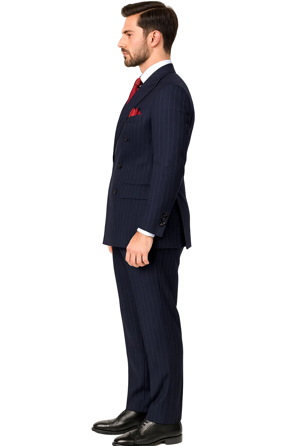 "Navy Pinstripe Wool Vested Suit - Men's Double Breasted Fashion"