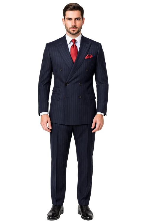"Navy Pinstripe Wool Vested Suit - Men's Double Breasted Fashion"
