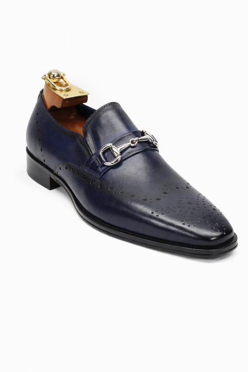 Mens Wholecut Two Tone Leather Wingtip Loafer Dress Shoes in Blue & Tan