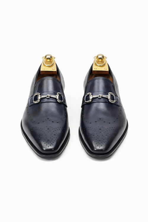 Mens Wholecut Two Tone Leather Wingtip Loafer Dress Shoes in Blue & Tan