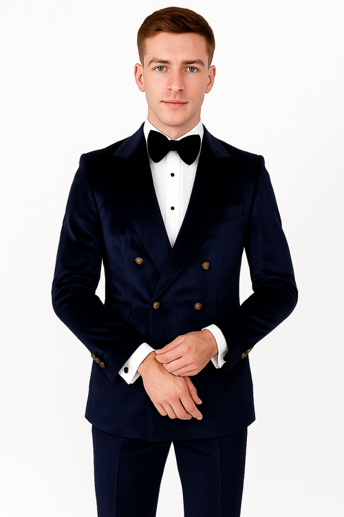 Navy Blue Velvet Double Breasted Suits - Velvet Pants - Slim Fit Suit