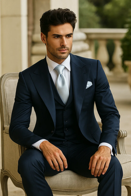 Navy single-breasted suit. Jacket has notched lapels, paired with vest and wide-leg pleated trousers. Trousers are baggy and made from 100% wool.