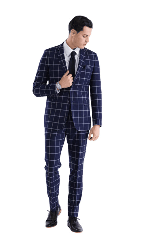 Mens Vested Gangster Plaid Pattern 1920's Suit in Navy