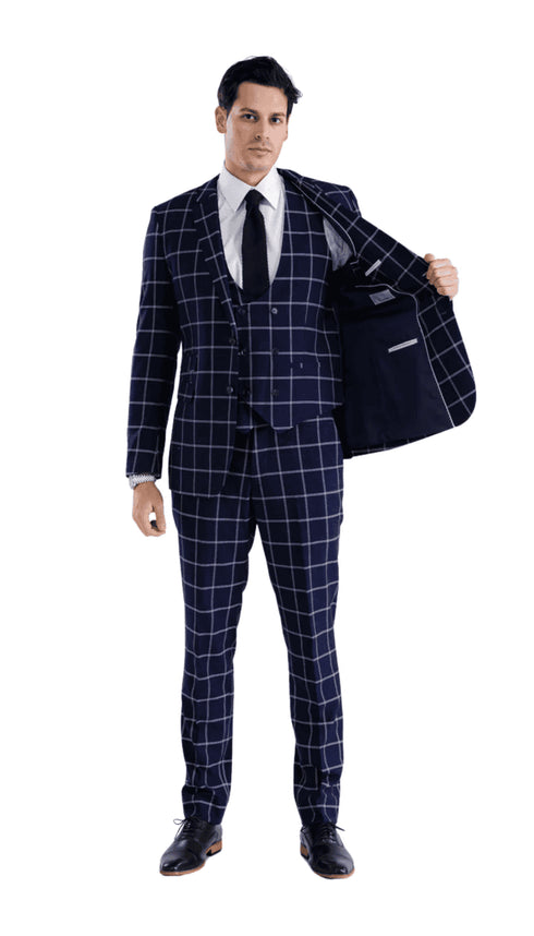 Mens Vested Gangster Plaid Pattern 1920's Suit in Navy