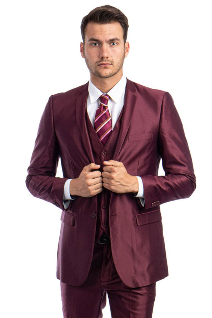 "Burgundy Men's Sharkskin Wedding & Prom 2026 Suit - Two Button Vested Style"