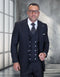 The Statement mens big and tall 3 piece suit features a tailored fit with a dark navy color and a textured fabric. The ensemble includes a single-breasted jacket, a waistcoat with multiple buttons, and matching trousers. The suit is complemented by a white dress shirt and patterned tie.