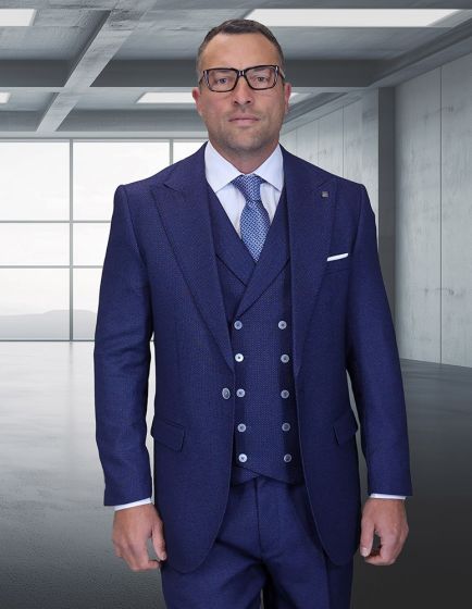 A three-piece men's suit characterized by wide-leg trousers, a fitted vest, and a tailored jacket, all crafted from a woven texture fabric. The suit is primarily a deep navy blue color, featuring a subtle pattern that adds depth.
