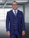 A three-piece men's suit characterized by wide-leg trousers, a fitted vest, and a tailored jacket, all crafted from a woven texture fabric. The suit is primarily a deep navy blue color, featuring a subtle pattern that adds depth.