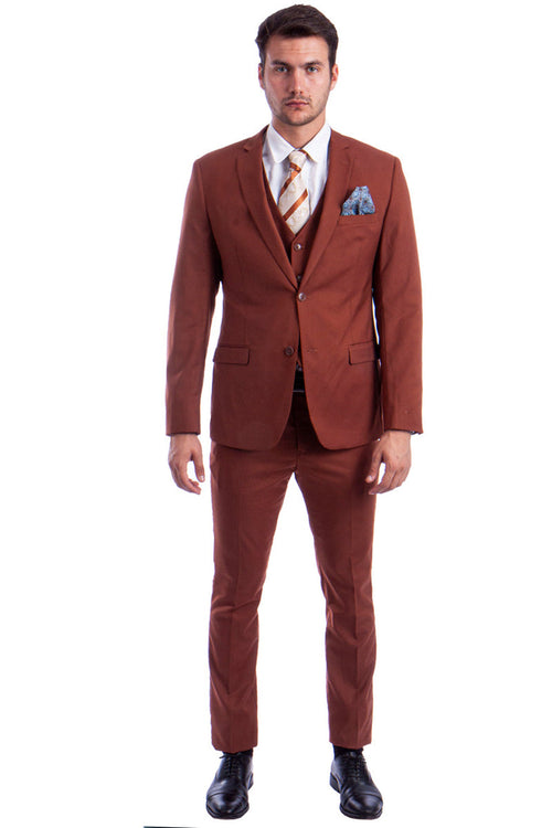Graduation Suit - Men's Two Button Slim Fit Vested Solid Basic Color Suit in Light Brown Rust