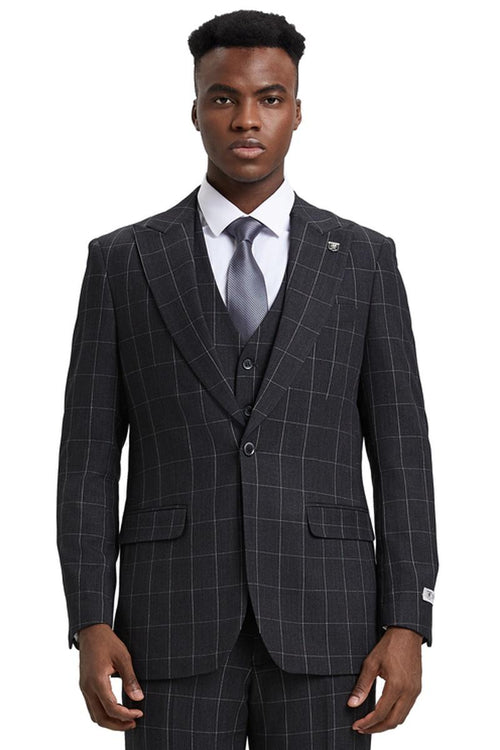 The men's Stacy Adams vest features a classic cut in dark charcoal grey with a windowpane pattern. It has a structured shape, visible lapels, and two front pockets.
