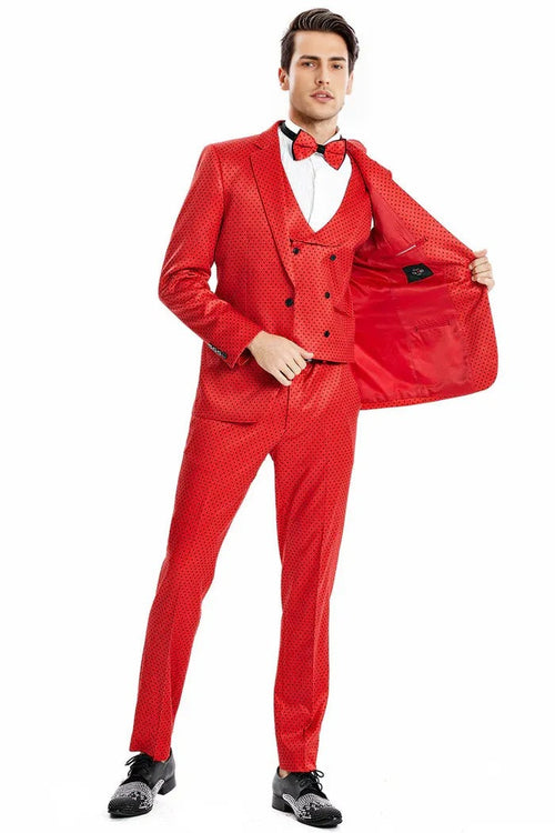 "Men's Red & Black Mini Polka Dot One Button Prom 2025 Suit"