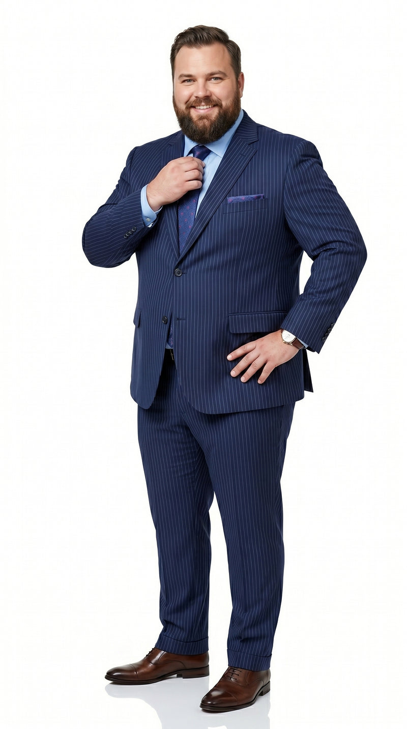 Men’s Navy Pinstripe 2 Piece Suit, Classic Formal Wedding Business Dress Suit Set