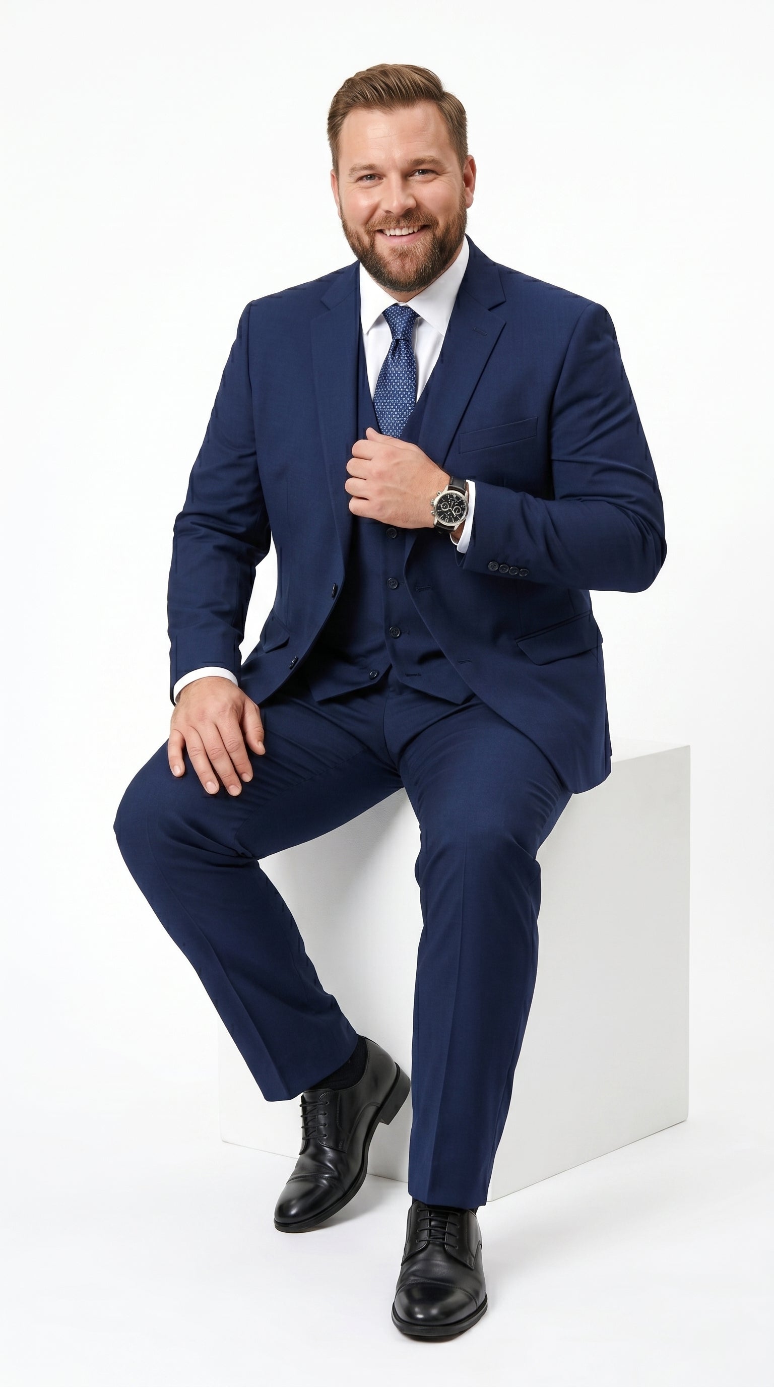 Men’s Navy 100% Wool Vested Tuxedo, Shawl Lapel Wedding Prom Formal Suit Set