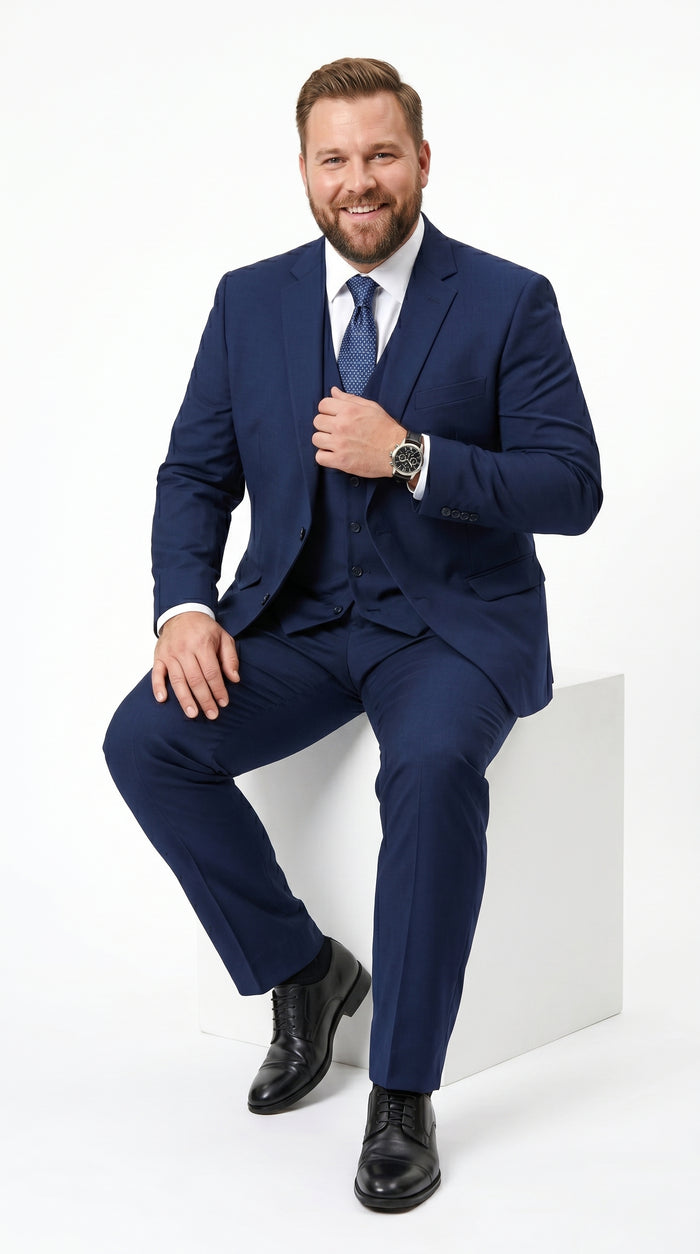Men’s Navy 100% Wool Vested Tuxedo, Shawl Lapel Wedding Prom Formal Suit Set