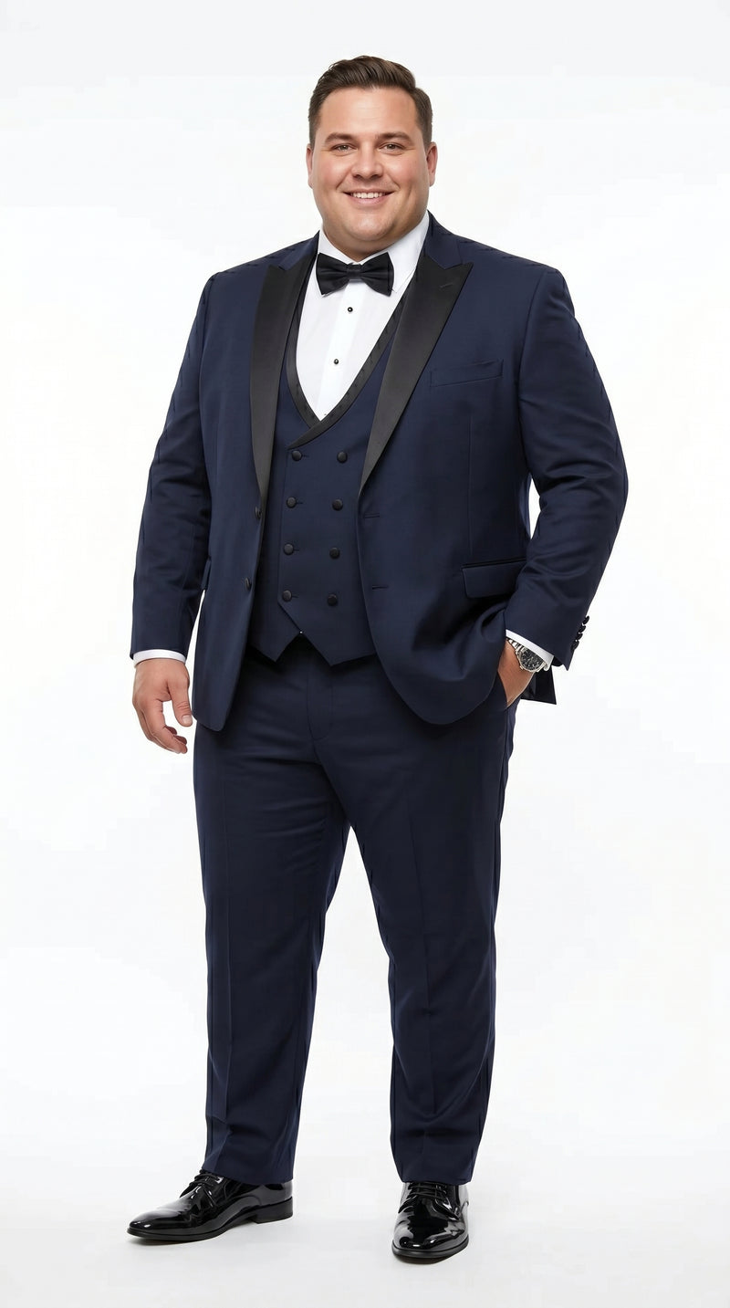 Men’s Navy 100% Wool Vested Tuxedo, Shawl Lapel Wedding Prom Formal Suit Set