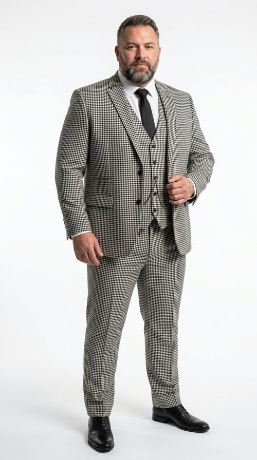 Men’s Black and White Houndstooth Checkered 3 Piece Suit, Gray Checkered Formal Wedding Business Suit Set