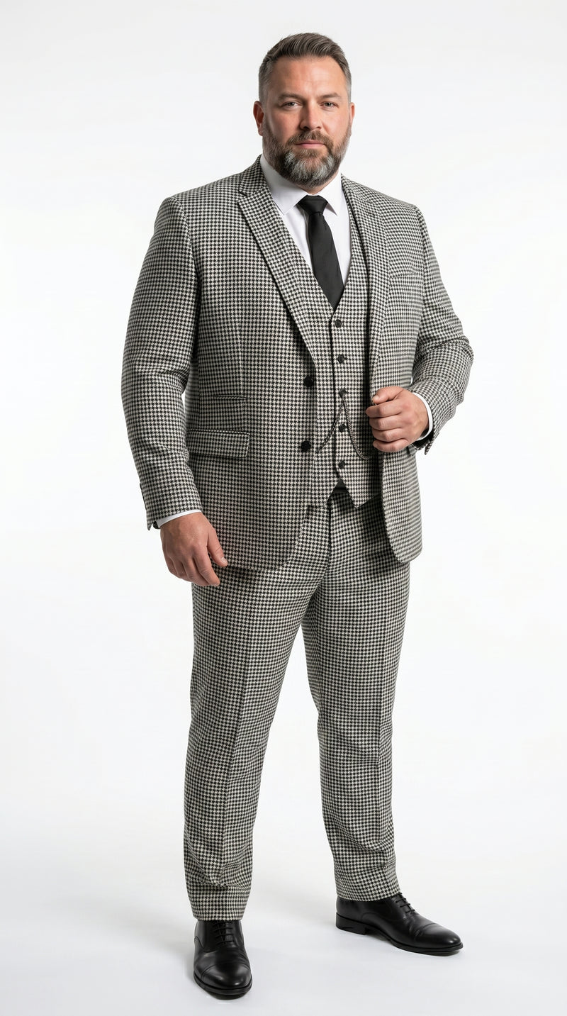Men’s Black and White Houndstooth Checkered 3 Piece Suit, Gray Checkered Formal Wedding Business Suit Set