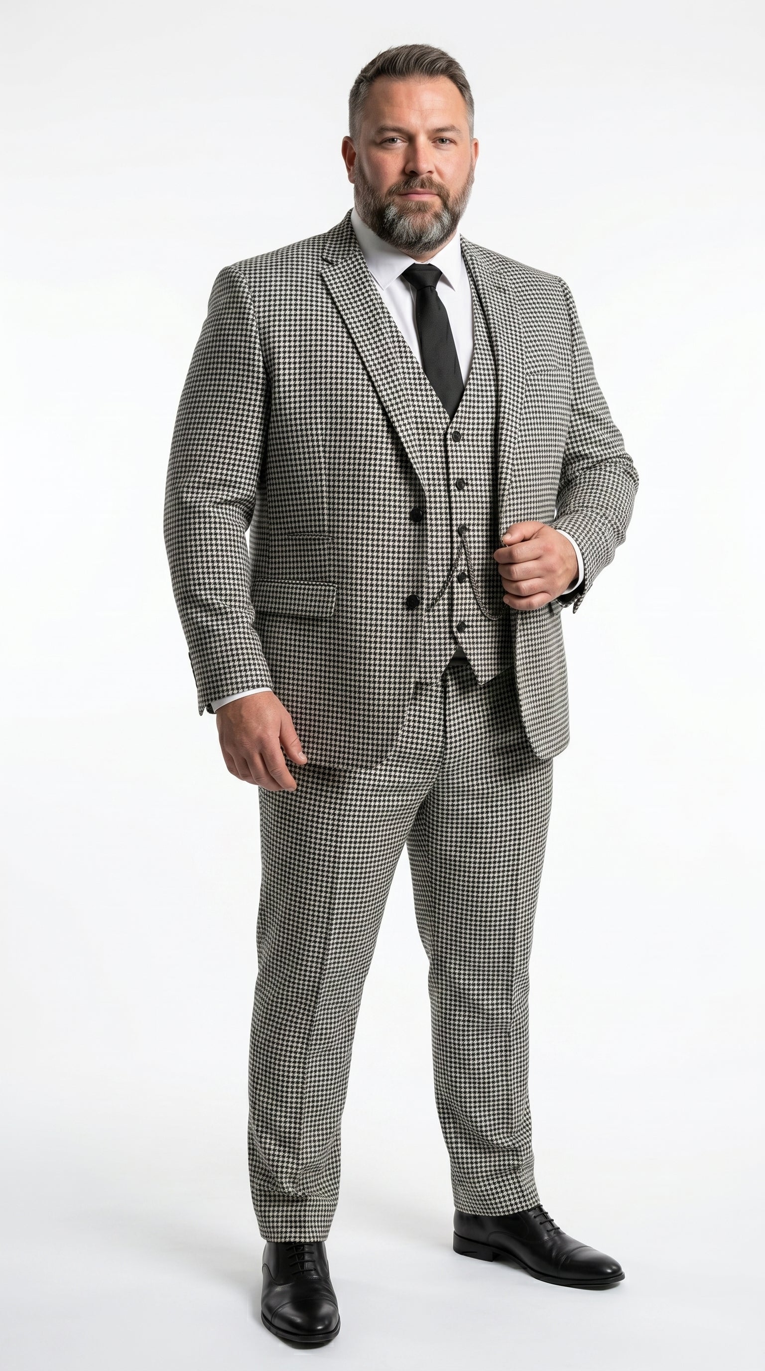 Men’s Black and White Houndstooth Checkered 3 Piece Suit, Gray Checkered Formal Wedding Business Suit Set