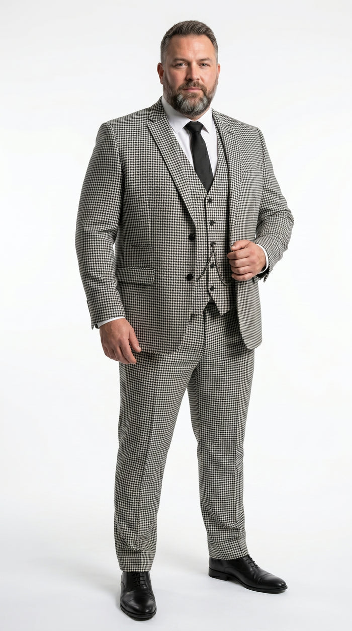 Men’s Black and White Houndstooth Checkered 3 Piece Suit, Gray Checkered Formal Wedding Business Suit Set