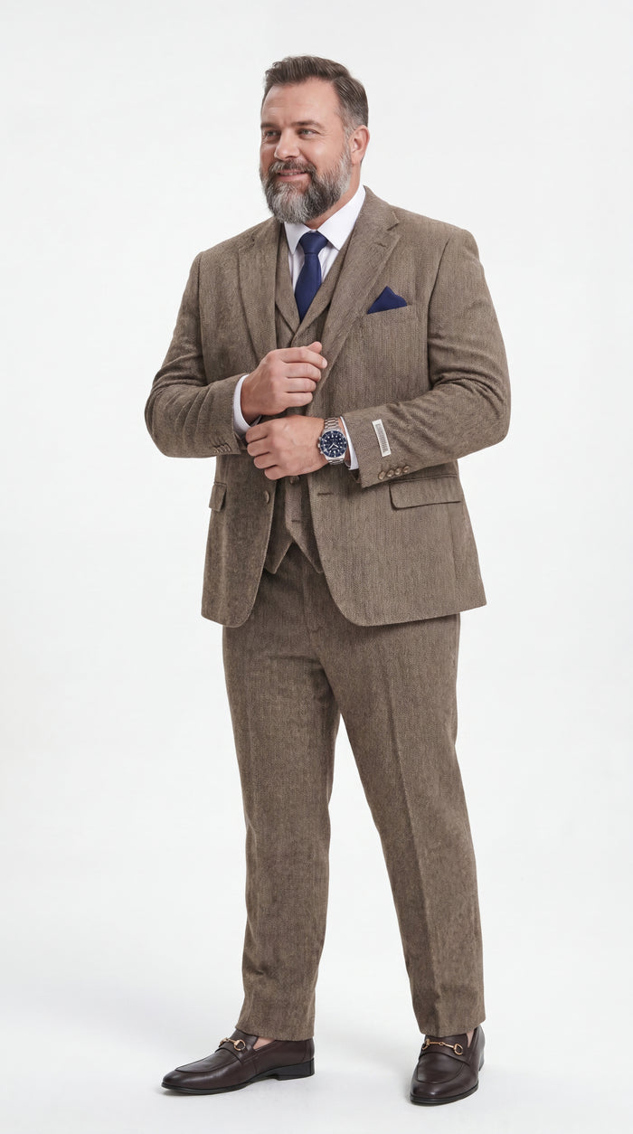 Stacy Adams Men’s Herringbone 3 Piece Hybrid Fit Suit, Formal Wedding Business Suit in Brown and Gray