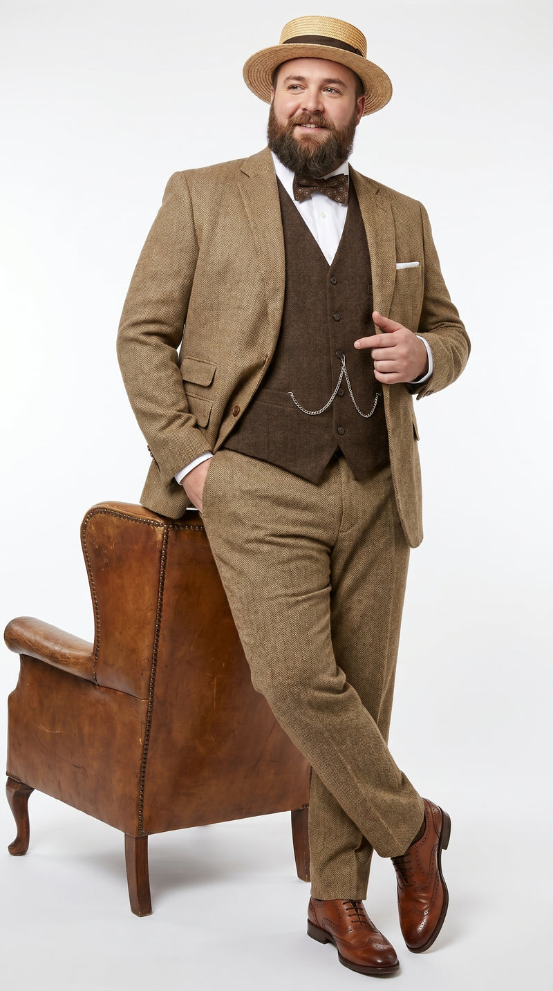 Men’s Camel Pocket Suit with Brown Vest, Vintage Inspired Formal Dress Outfit
