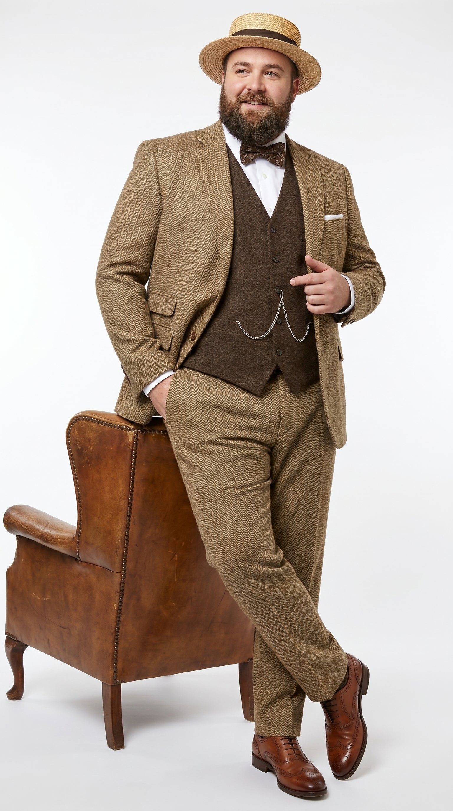 Men’s Camel Pocket Suit with Brown Vest, Vintage Inspired Formal Dress Outfit