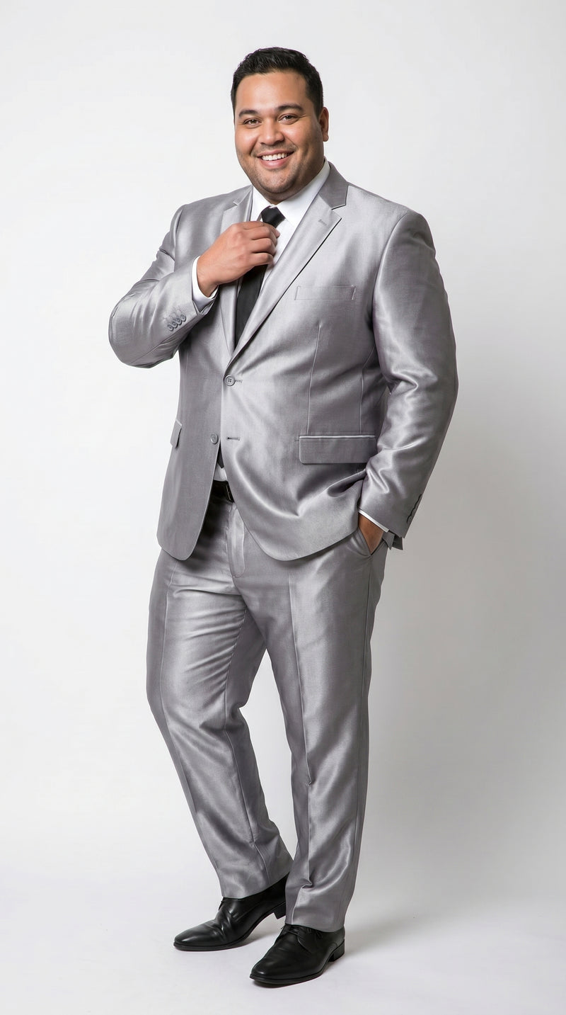 Men’s Silver Sharkskin 2 Piece Suit, Italian Styled Formal Wedding Prom Dress Suit