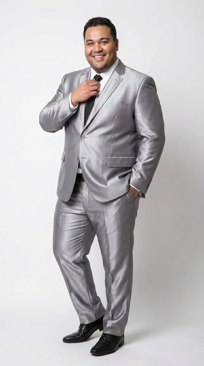 Men’s Silver Sharkskin 2 Piece Suit, Italian Styled Formal Wedding Prom Dress Suit