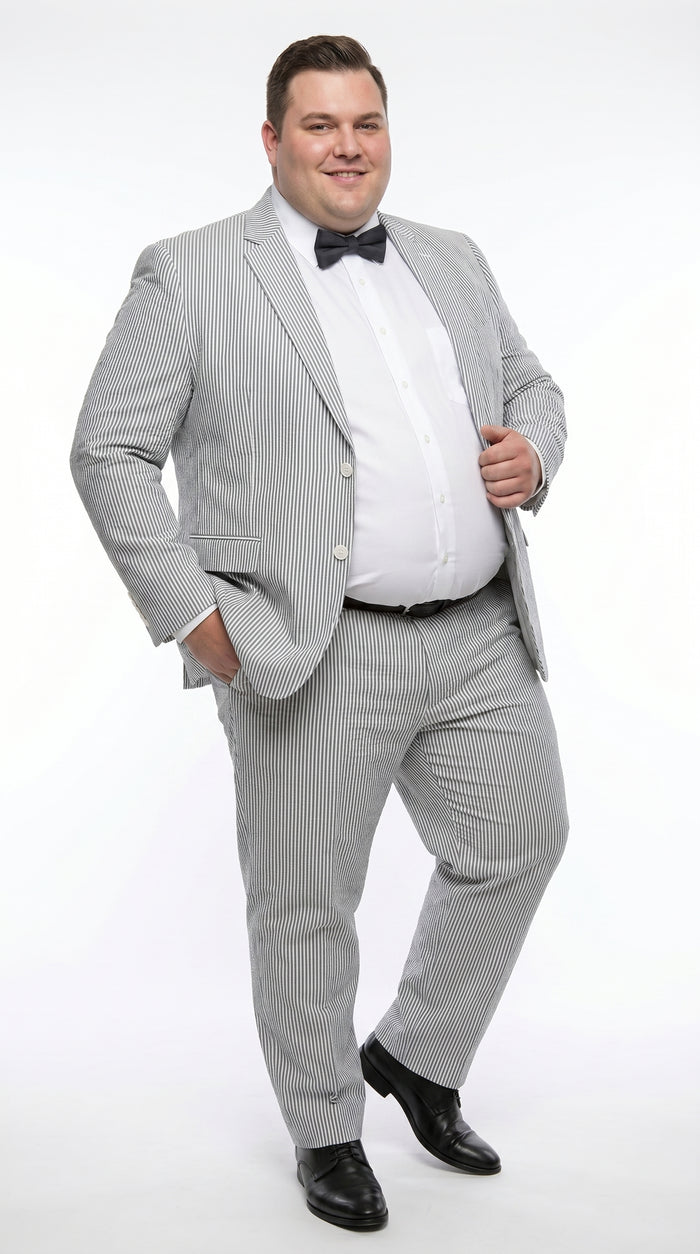 Men’s Gray Seersucker Suit, Lightweight Summer Wedding Prom Dress Suit