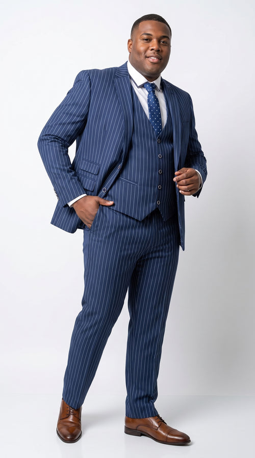 Men’s Navy Blue Vested Bold Gangster Pinstripe Suit, 3 Piece Formal 1920s Dress Suit