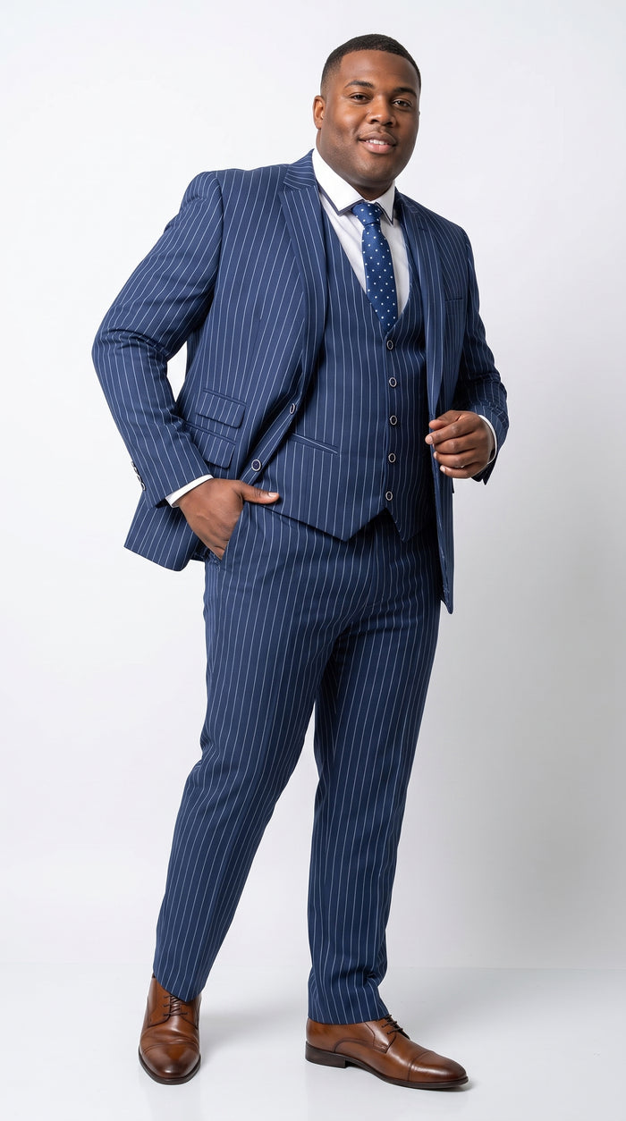 Men’s Navy Blue Vested Bold Gangster Pinstripe Suit, 3 Piece Formal 1920s Dress Suit