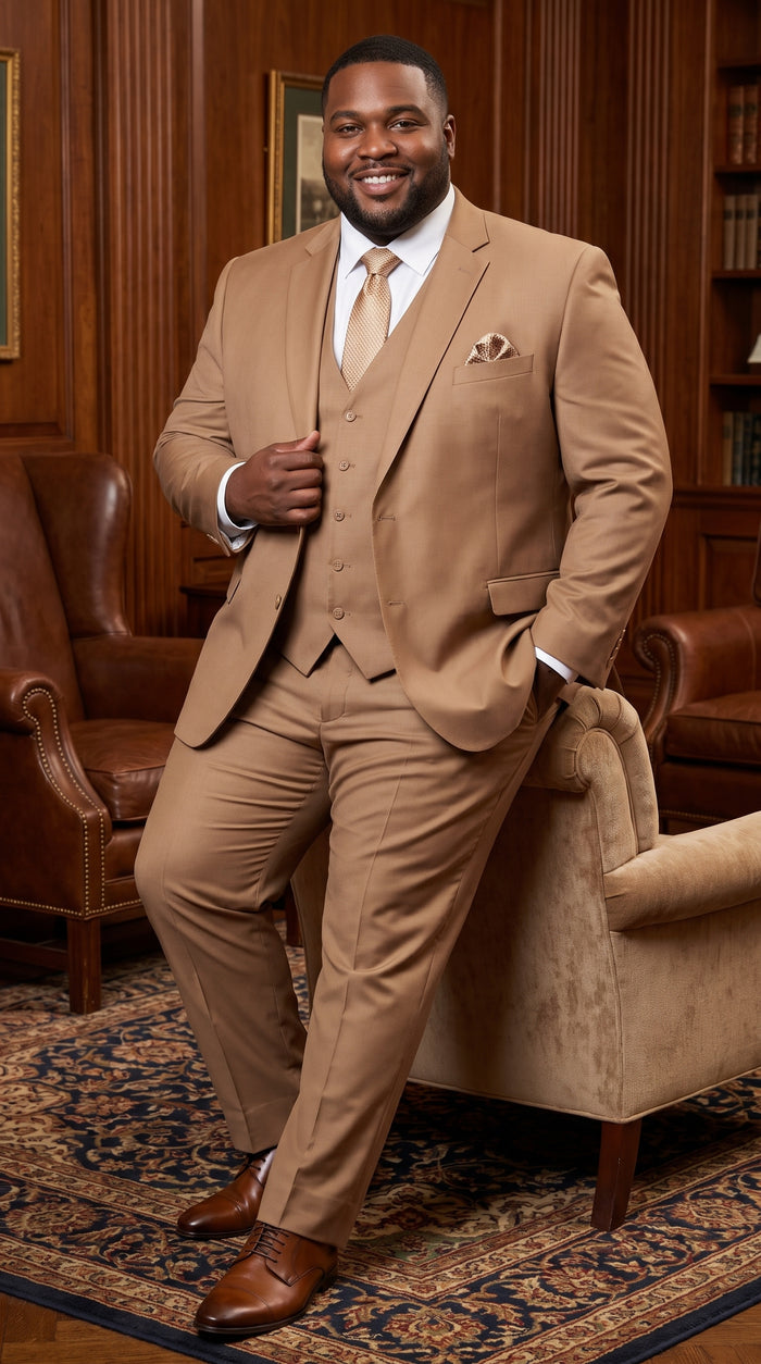 Men’s Caramel 2 Button Modern Fit Vested Wool Suit, Formal Wedding Business Dress Suit