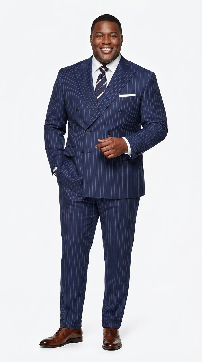 Men’s Navy Blue Double Breasted Pinstripe Suit, 100% Wool Formal Dress Suit