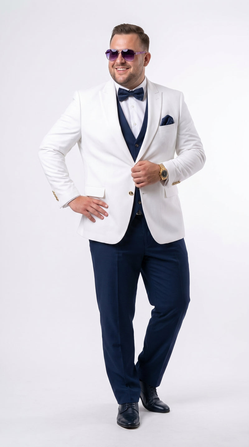 Men’s White and Navy Blue Wedding Suit, White Dinner Jacket with Navy Vest, Pants and Bow Tie