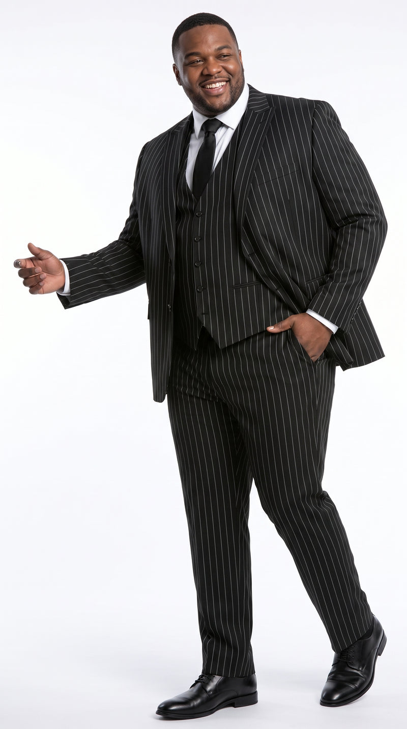 Men’s Black 2 Button Gangster Pinstripe Suit with Vest, Mobster Mafia Style Formal Suit