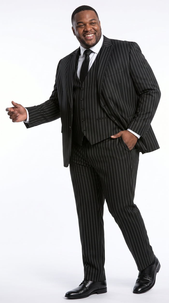 Men’s Black 2 Button Gangster Pinstripe Suit with Vest, Mobster Mafia Style Formal Suit