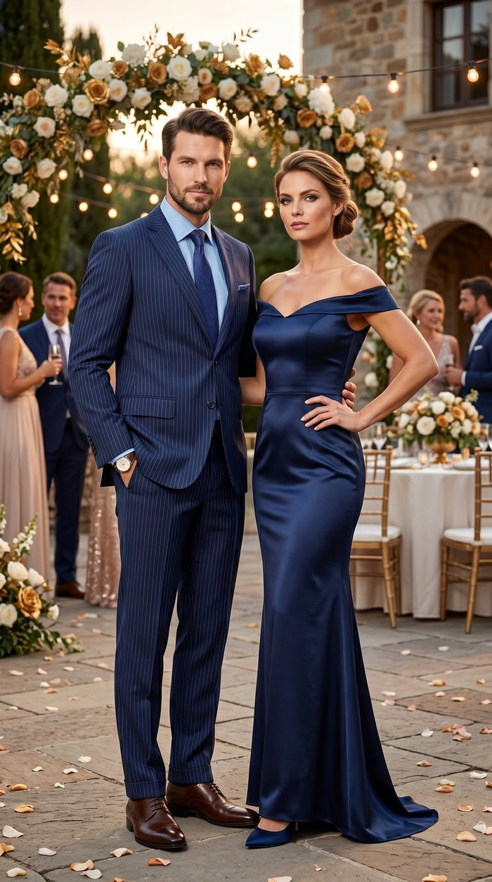 Men’s Navy Pinstripe 2 Piece Suit, Classic Formal Wedding Business Dress Suit Set