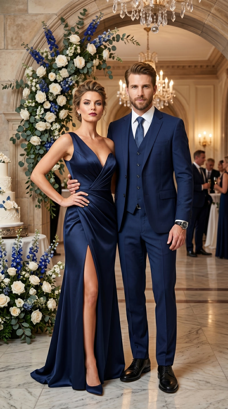 Men’s Navy 100% Wool Vested Tuxedo, Shawl Lapel Wedding Prom Formal Suit Set