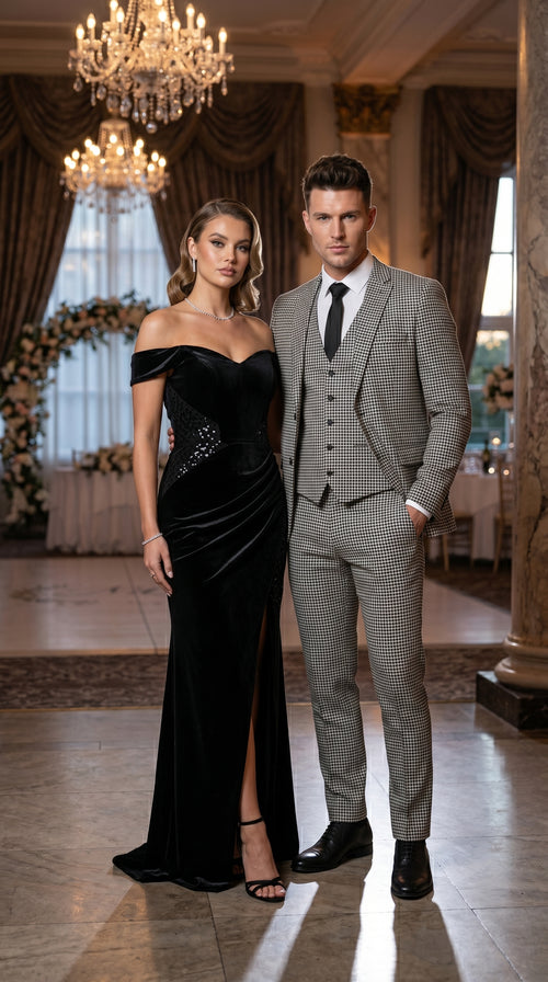 Men’s Black and White Houndstooth Checkered 3 Piece Suit, Gray Checkered Formal Wedding Business Suit Set