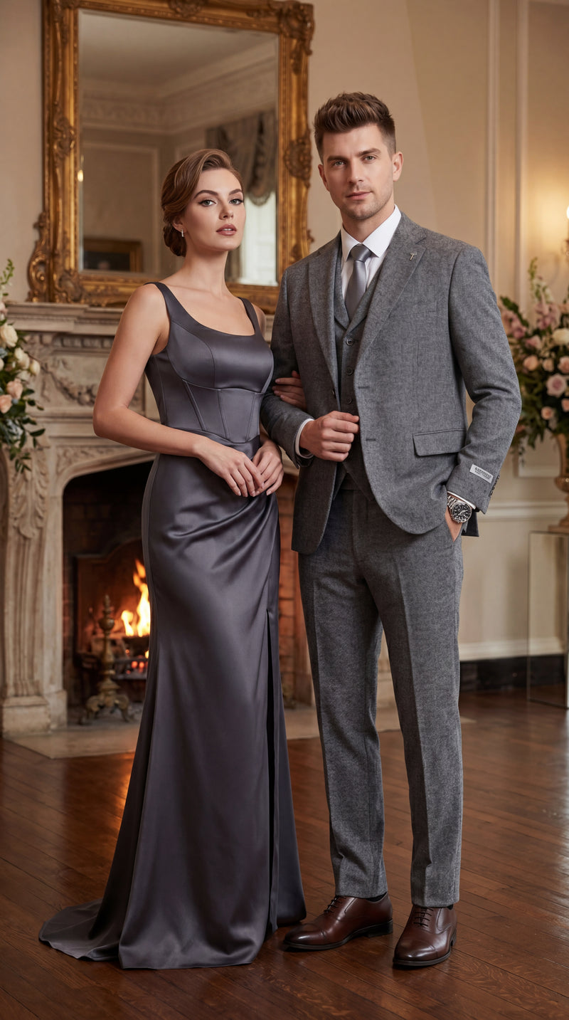 Stacy Adams Men’s Herringbone 3 Piece Hybrid Fit Suit, Formal Wedding Business Suit in Brown and Gray